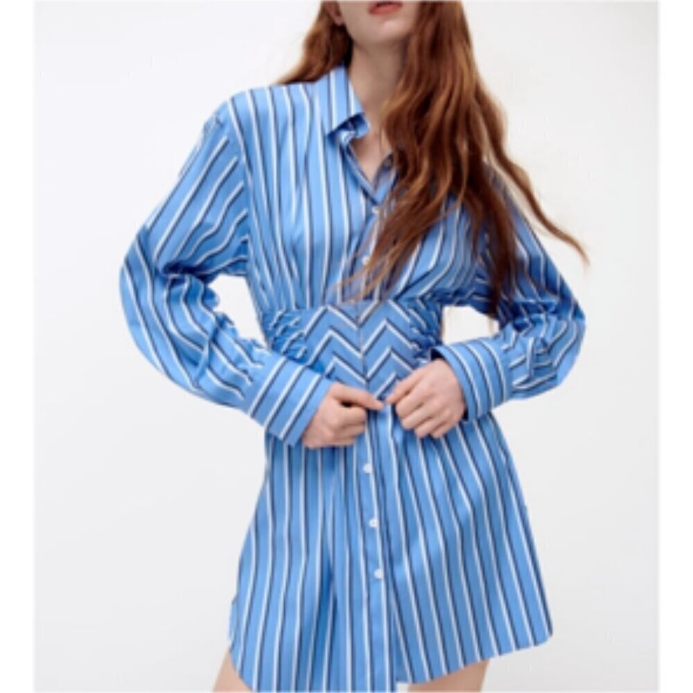 Zara Cotton Poplin Striped Hourglass Fitted Belted Shirt Dress Small